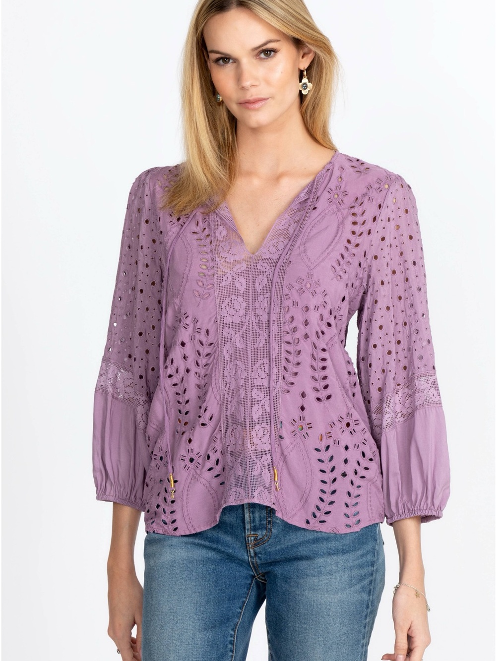 Johnny Was Janine Lavender Eyelet Lace V-Neck Blouse